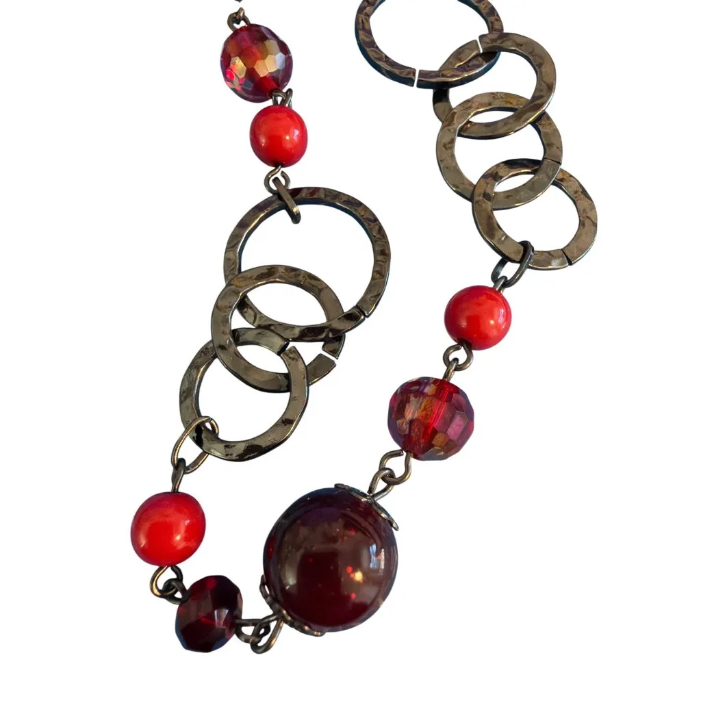 Premier Designs Very Berry Long Necklace Gunmetal Red Glass Acrylic Beads 40" - Image 2
