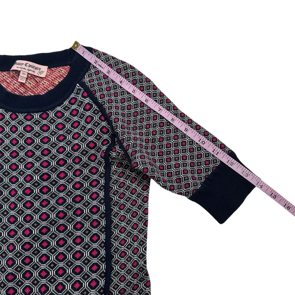 Geo Knit Dress Front Slits Short Sleeve Mini Navy Pink Size XS - Image 15