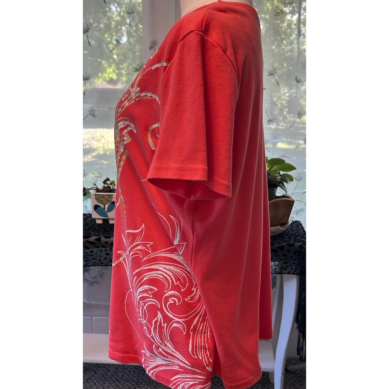 Karen Scott Top Size L Floral Print Gold Trim with Rhinestones Art to Wear Aztec - Image 4