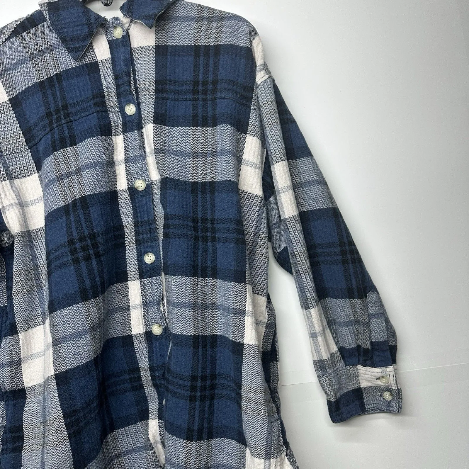 H&M Oversized Shirt Jacket Womens Small Blue White Plaid Shacket Cotton Pockets - Image 3