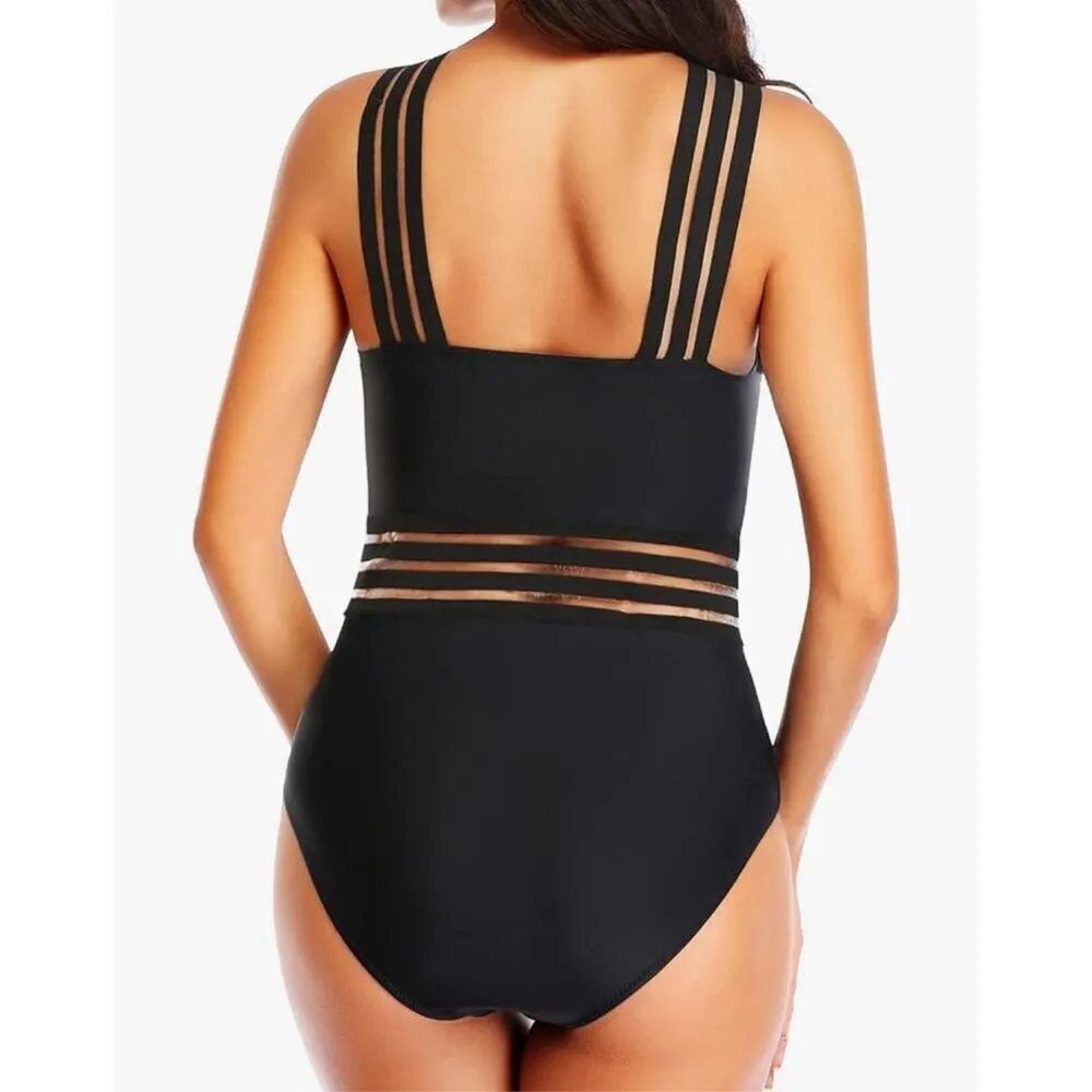 NEW Crisscross 1 Pc Swimsuit Tummy Control Bathing Suit Front Crossover L Black Size L - Image 2