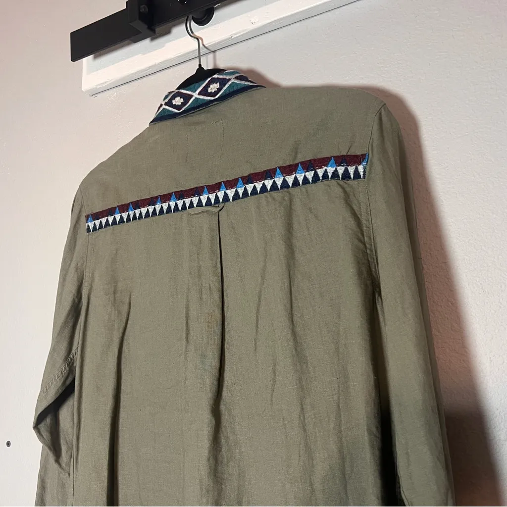 Rails Kona Button Up Shirt Linen Blend Sage Green Inca Embroidery Size XS - Image 9