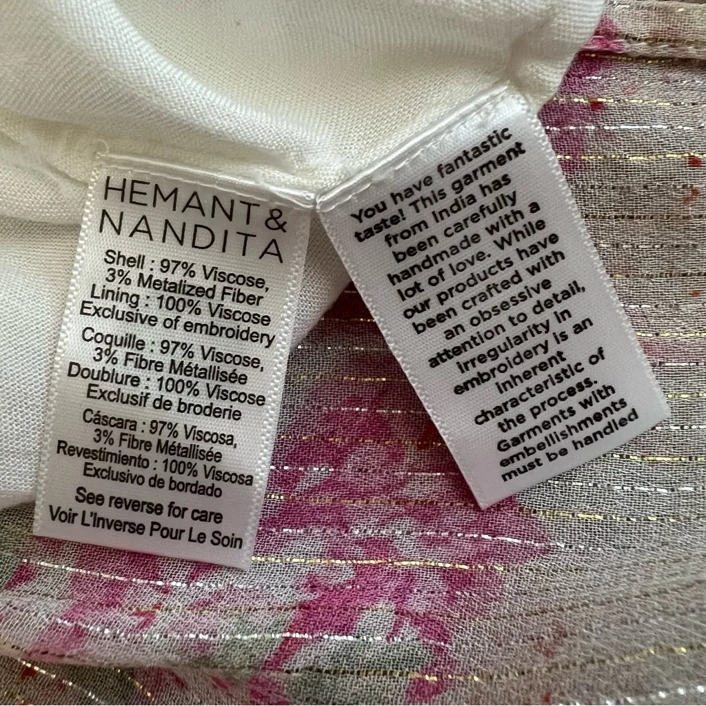 Hemant & Nandita Women’s Anka Pink Floral Peony Tiered White Metallic Midi Dress Size L - Image 10