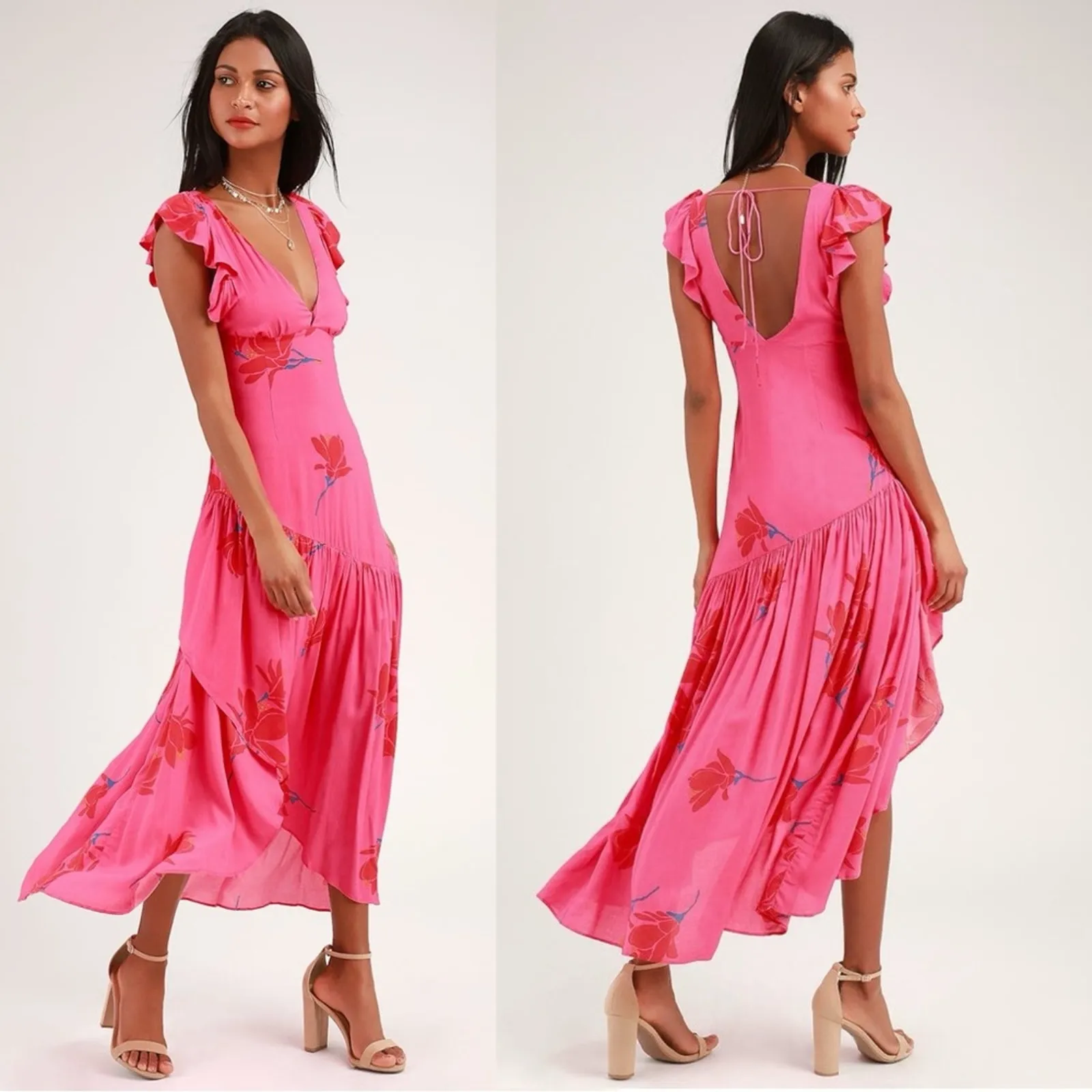 Free People Tropical Hawaiian Hibiscus Hot Pink Floral Maxi Dress Size 8 Summer - Image 4
