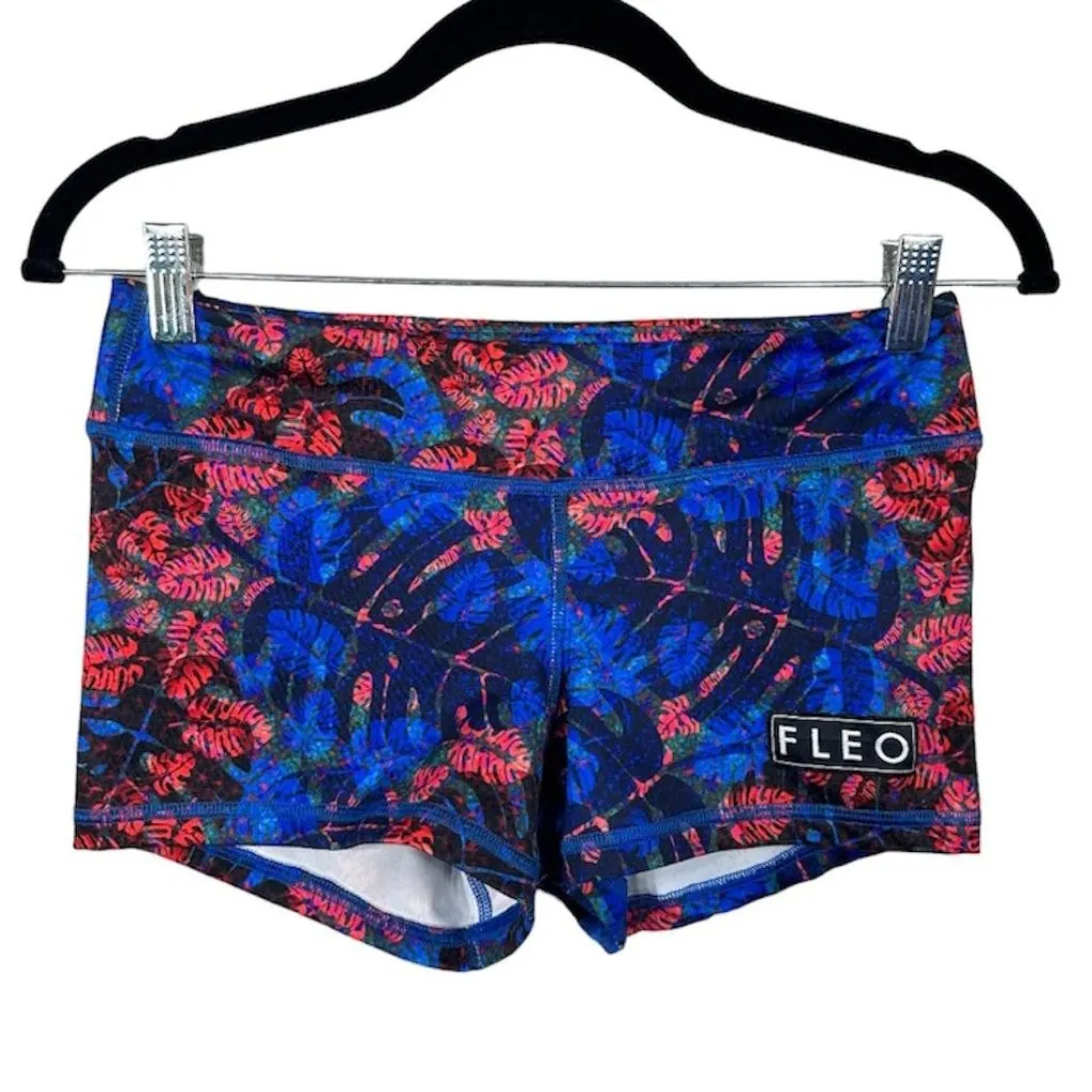 FLEO Red & Blue Tropical Leaf Print Workout Shorts - Image 2
