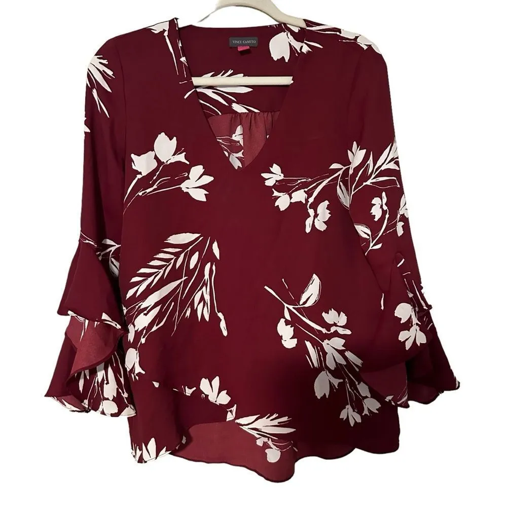 VINCE CAMUTO Women' Maroon ‎ Ruffled Pleated Floral Flutter Sleeve V Neck Blouse - Image 5