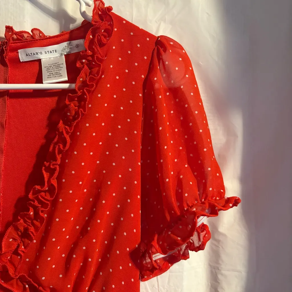 Altar’d State Bowie Romper Women’s Sz‎ Small Red Polka Dot Ruffle Zippered Back - Image 2