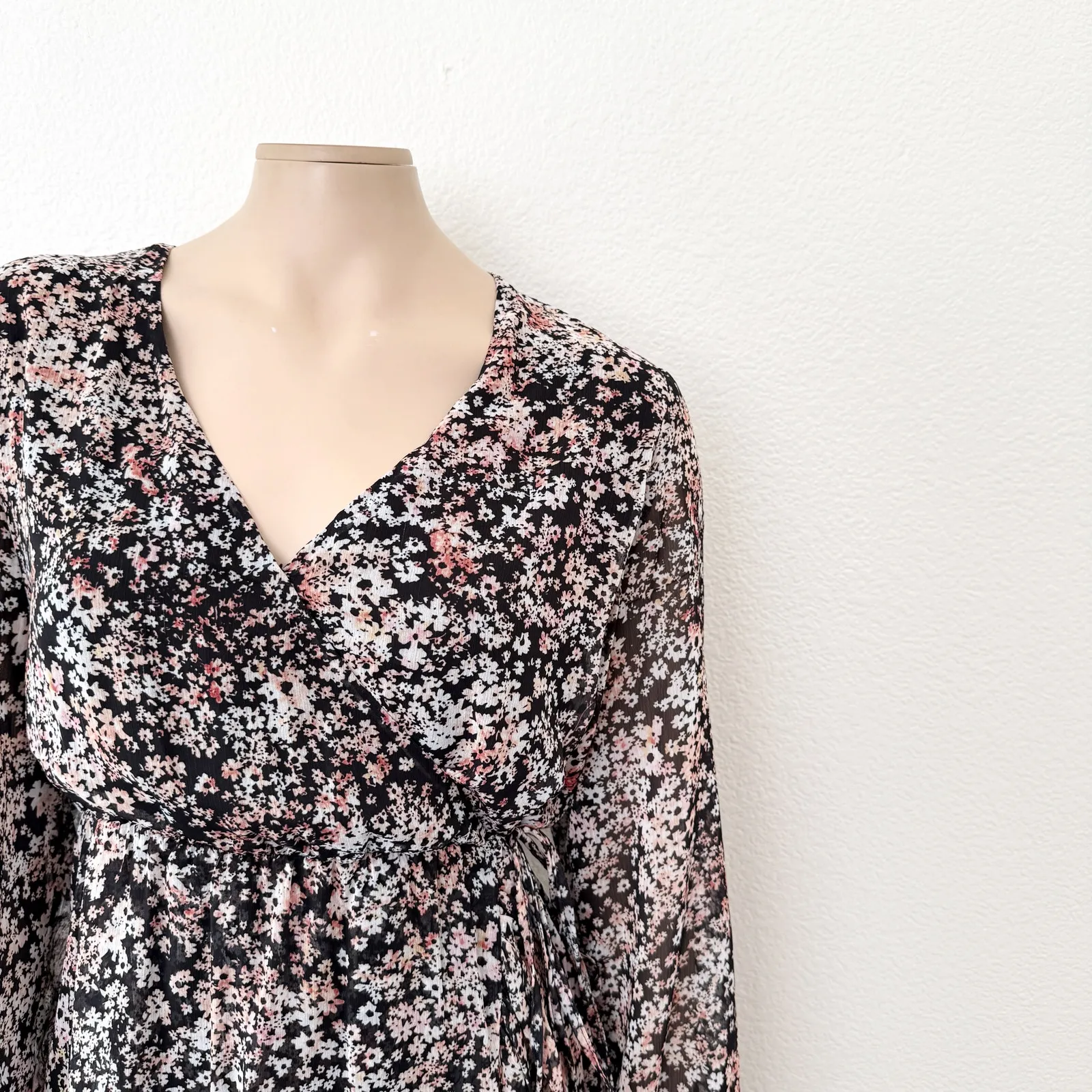 [Chelsea 28] Black Floral Print Ruffle Hem V-Neck Chiffon Wrap Dress Sz Large L - Image 5