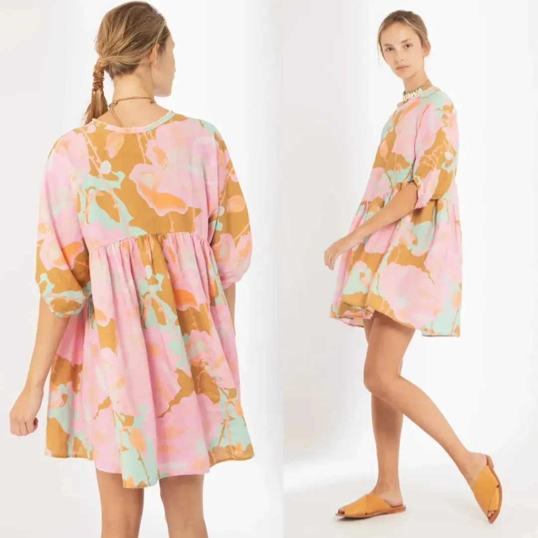 Lanhtropy Dress Linen Pink Floral Mini Dress One Size Size undefined - Image 6