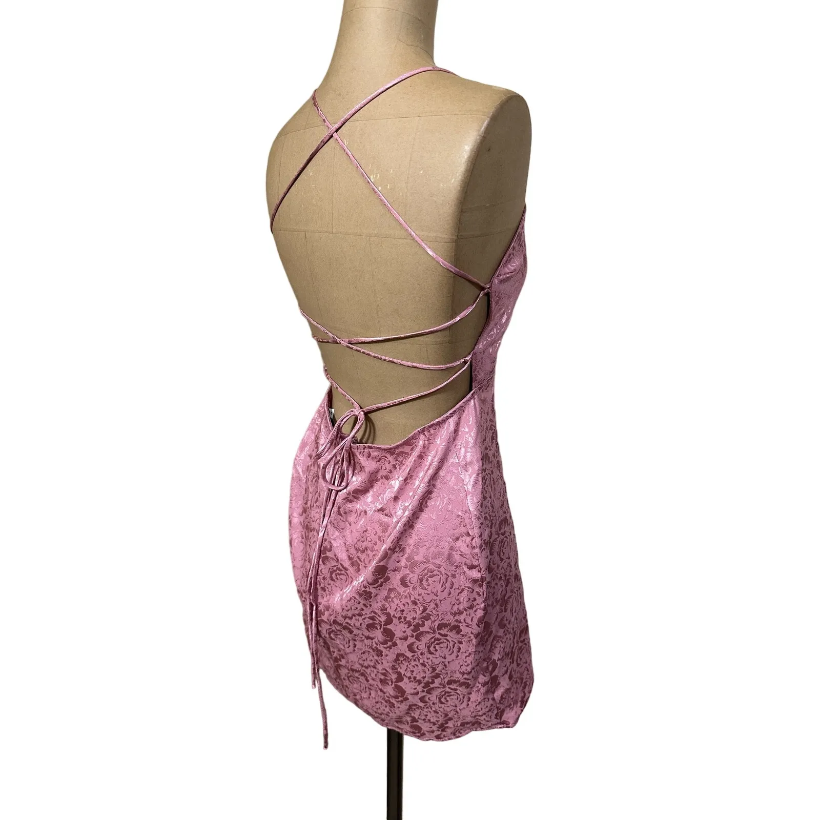Resa Mini Dress Revolve Pink Rose Floral Satin Tie Back - Image 7