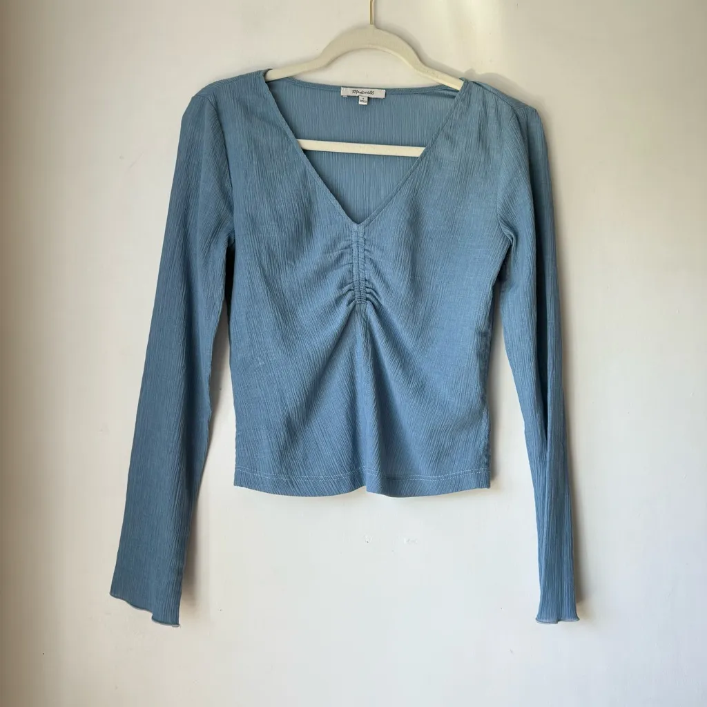 Madewell Tranquil Lake Blue Semi-Sheer Shirred V-Neck Top S - Image 6