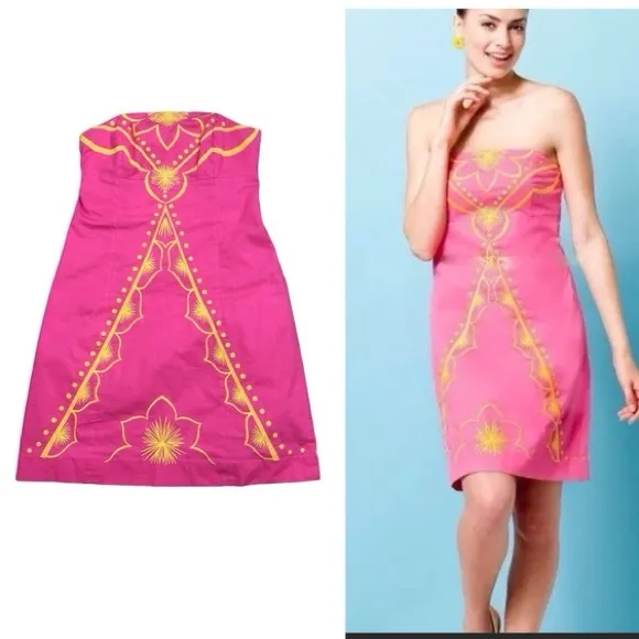 Lilly Pulitzer Bowen Hotty Pink Yellow Embroidered Strapless Dress Bee Size 00 - Image 2