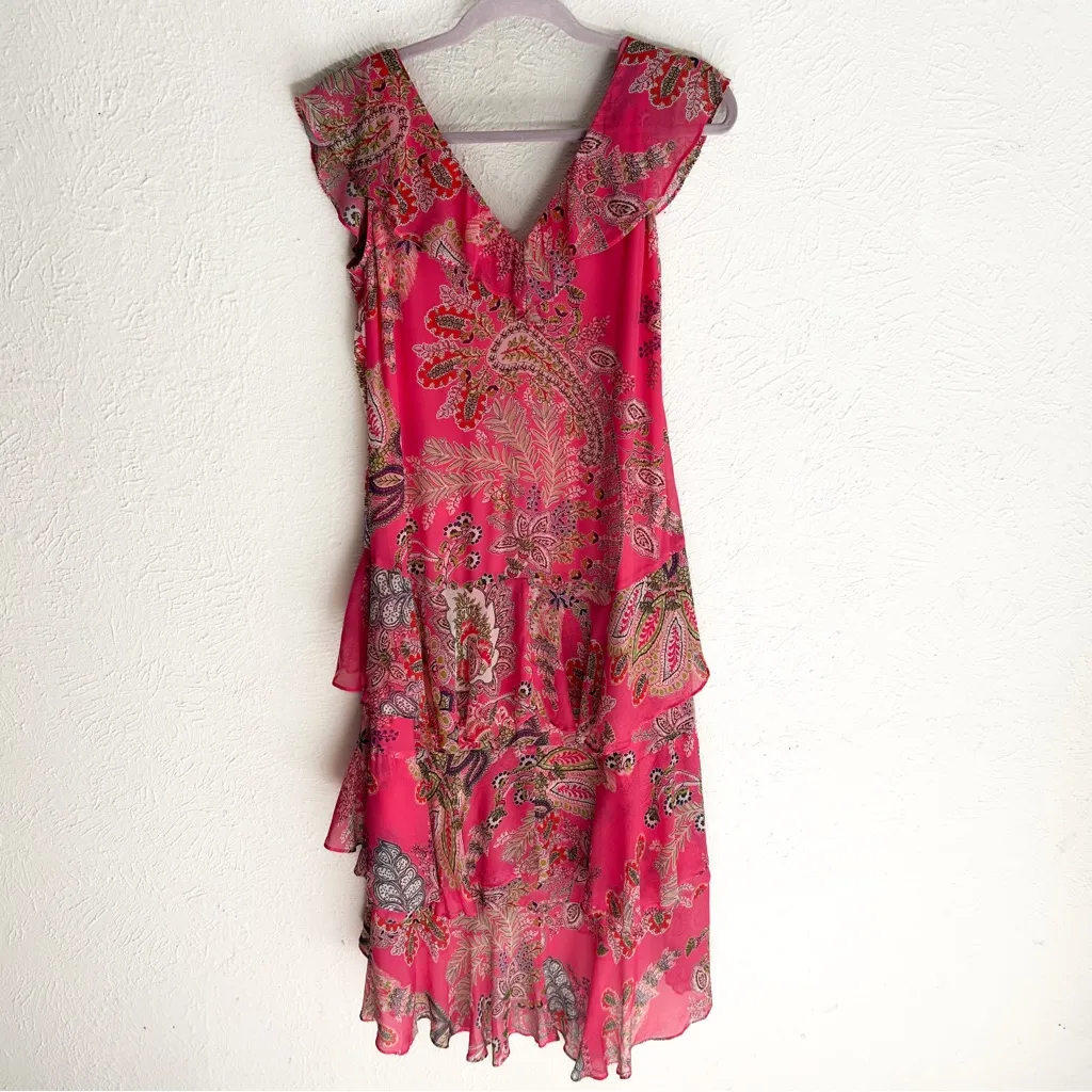 Hale Bob Pink Paisley Ruffle Dress XS Fairycore Asymmetrical hem - Image 3
