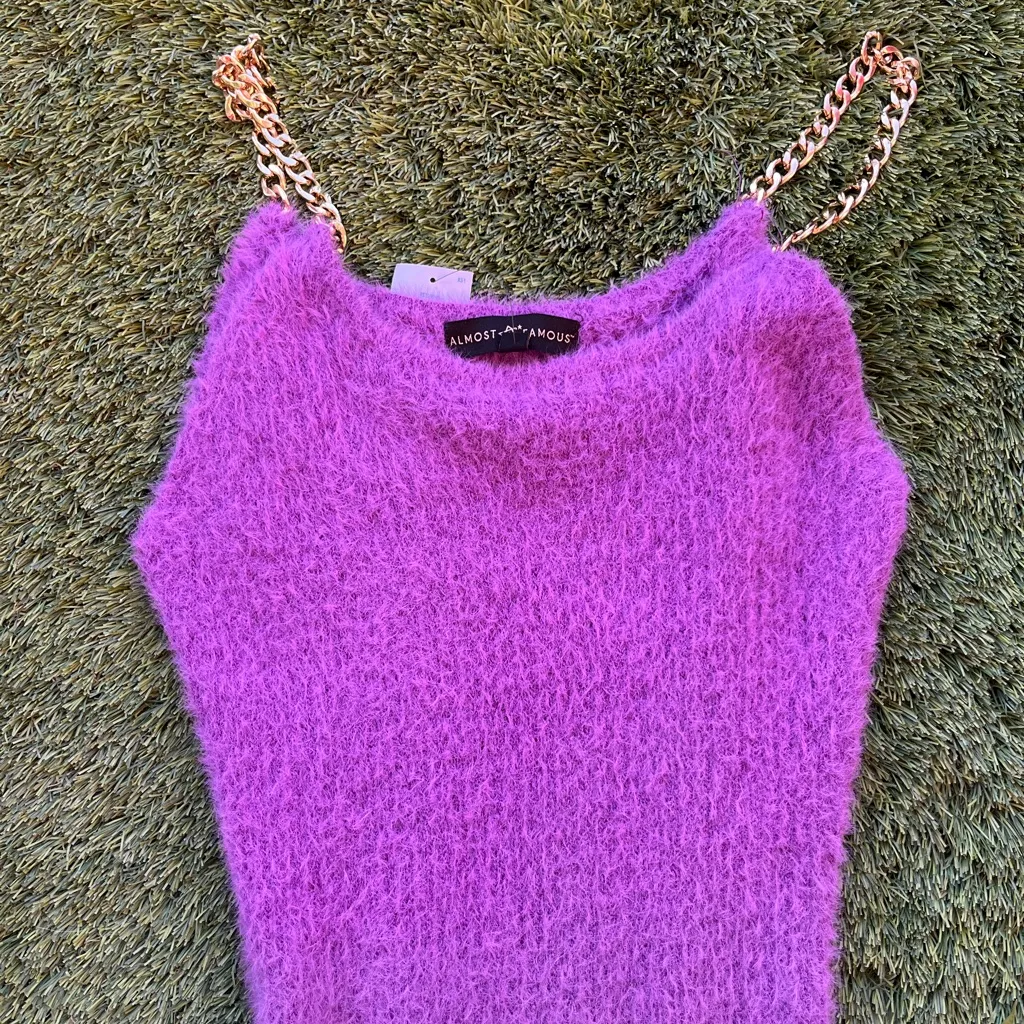 NEW  strech Almost‎ Famous Lavender Knit Dress with Gold Chain Straps - Image 6
