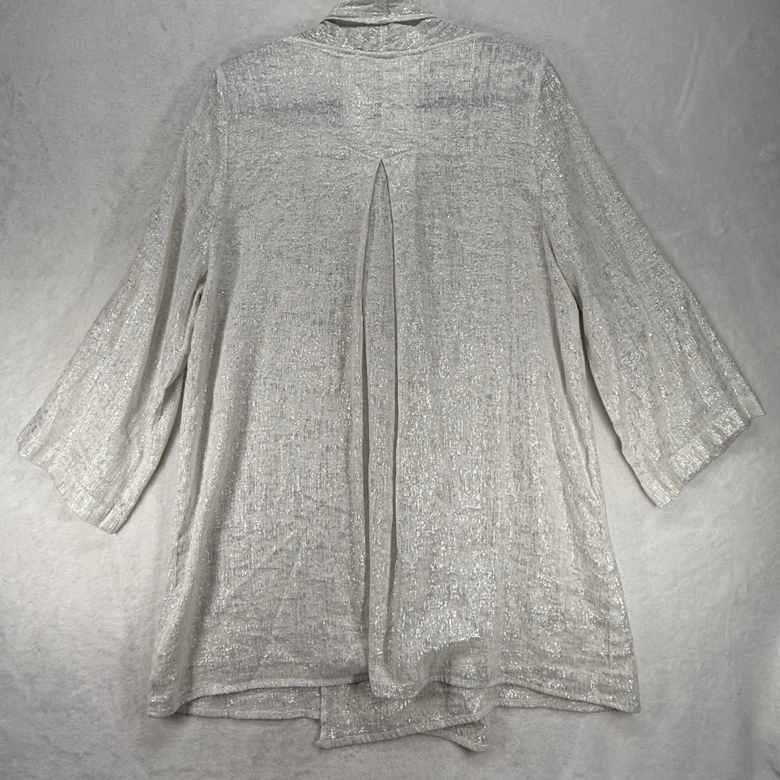 Barbara Lesser Open Front Cardigan Shimmer Metallic Linen Blend Top Size L flaw White Size L - Image 6