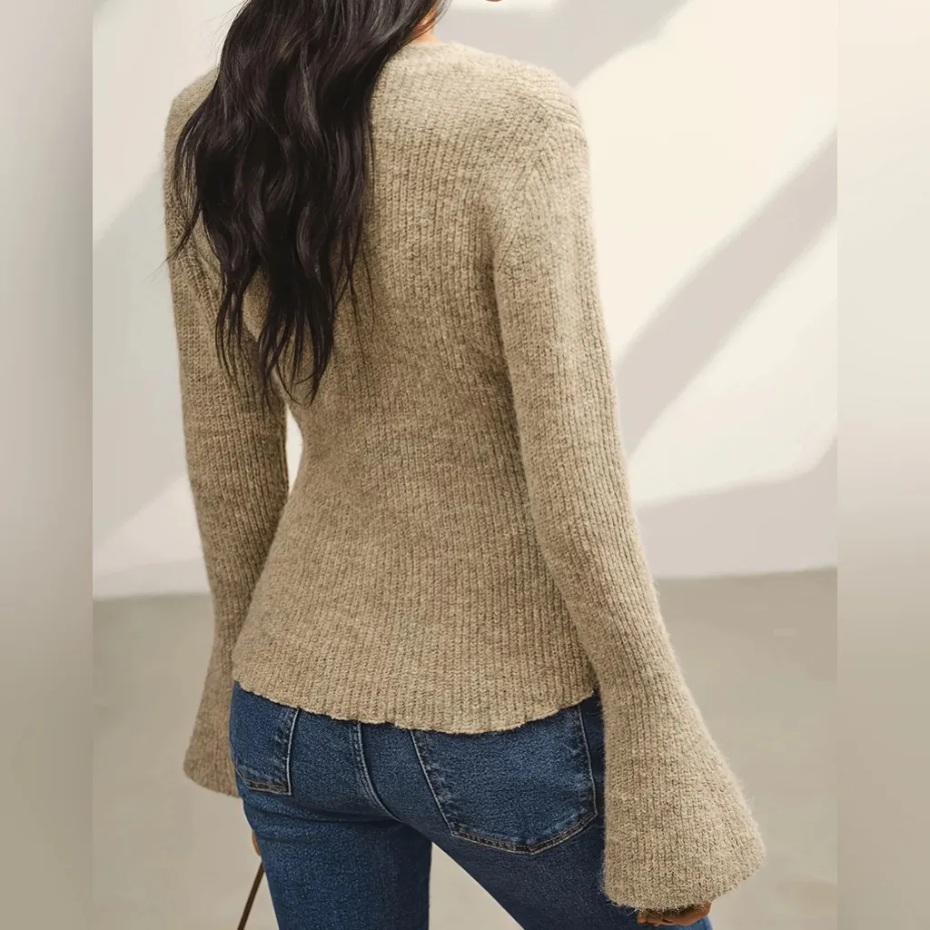 Rihoas Khaki V Neck Button Knit Cardigan Tan Size 2 - Image 3