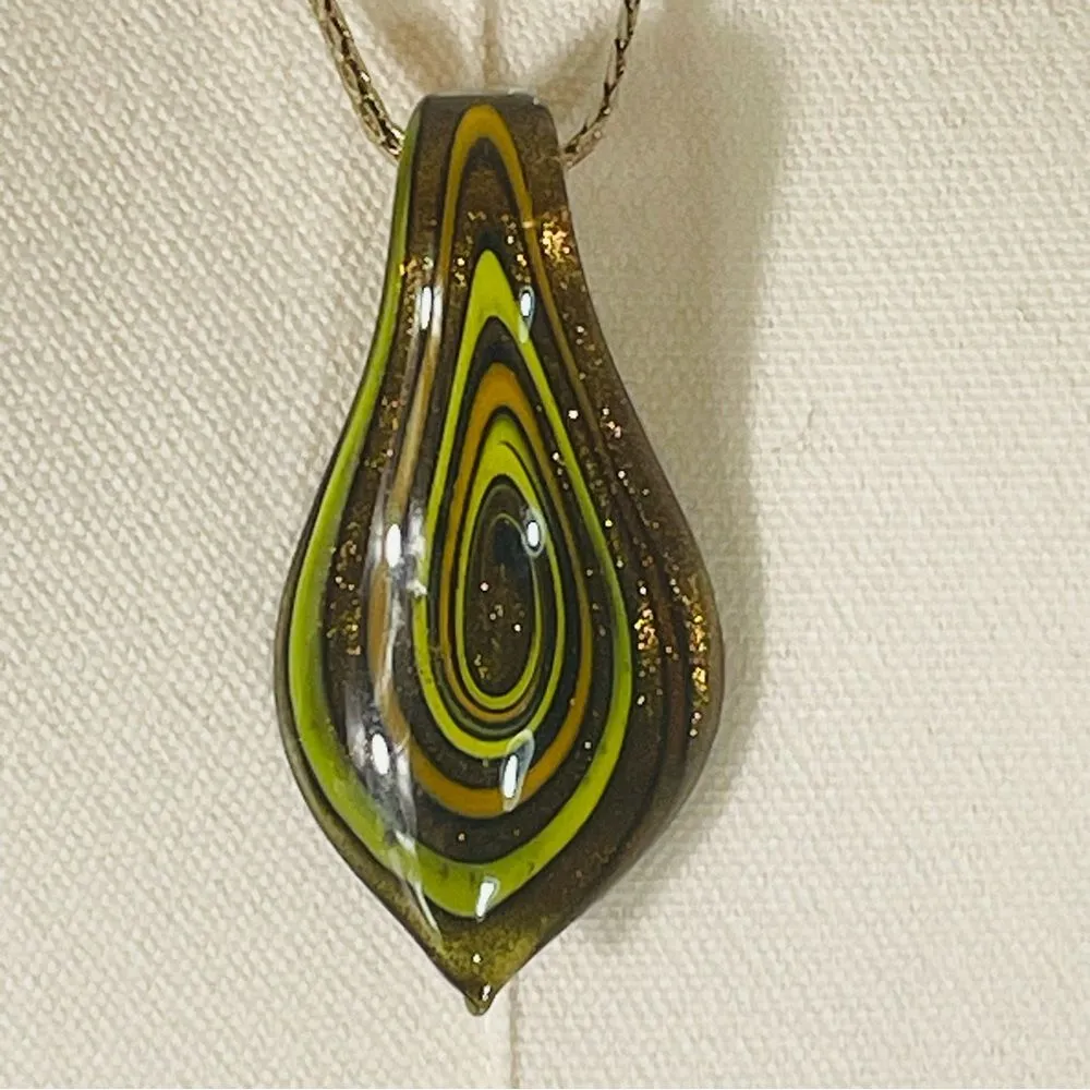 Large Vintage Green & Brown Glass Pendant and Necklace Set - Image 2