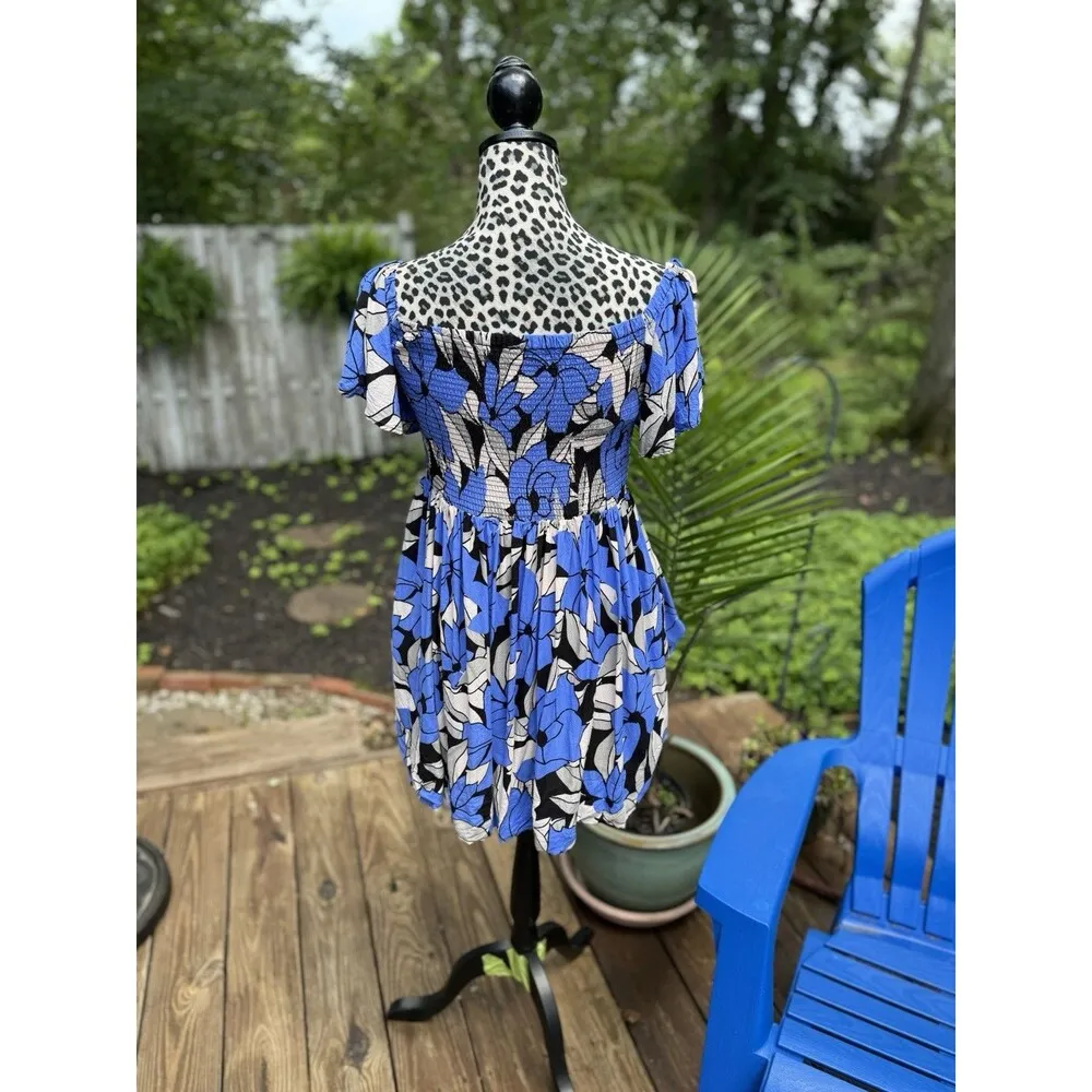 Free People Mini Dress Blue & Gray Floral Flowy Sleeves Size M Cottage Party - Image 2