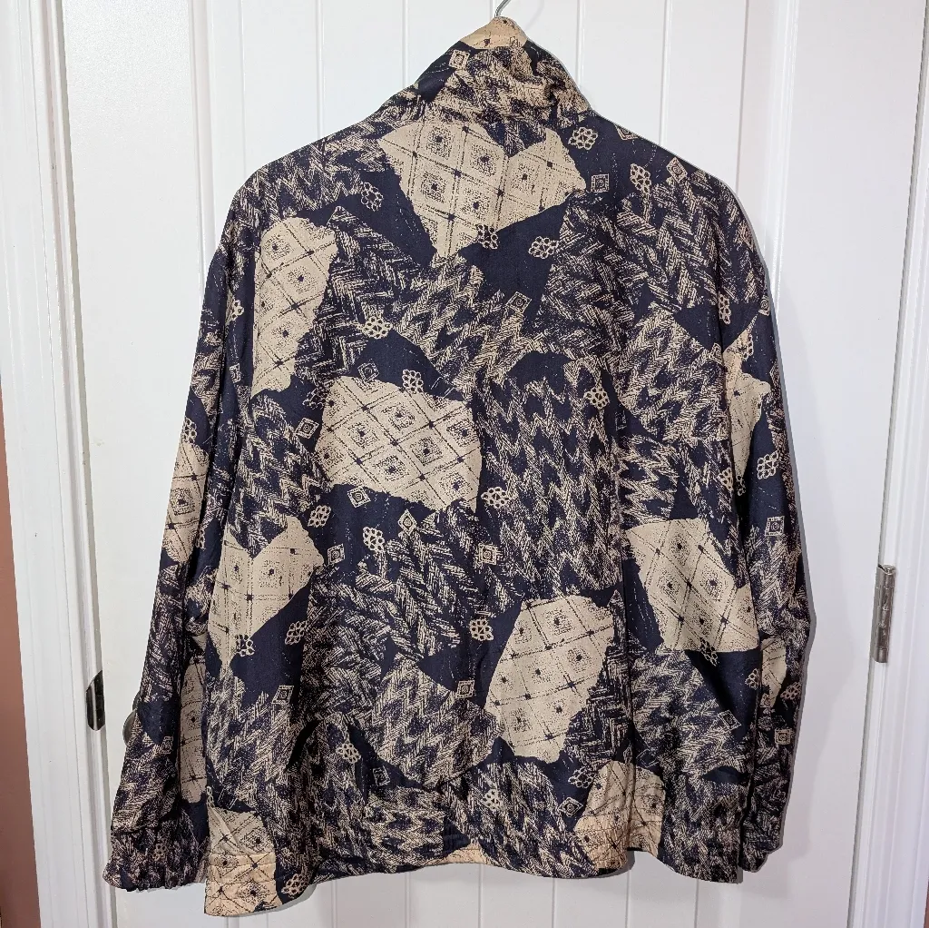 Vintage EVR Silk Zip Up Jacket Geometric Patterned Medium Blue/Off White Blue - Image 4
