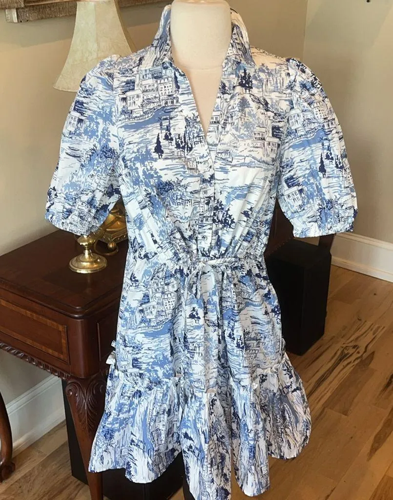 Sugar Lips Cutesy Flirty Blue White Etching Mini Dress Ruffle Hem New - Image 3