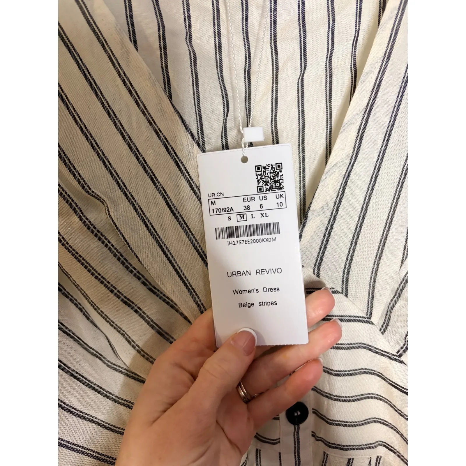 URBAN REVIVO Beige Stripe V Neck Button Front Midi Dress Women's Size M Black Size M - Image 3