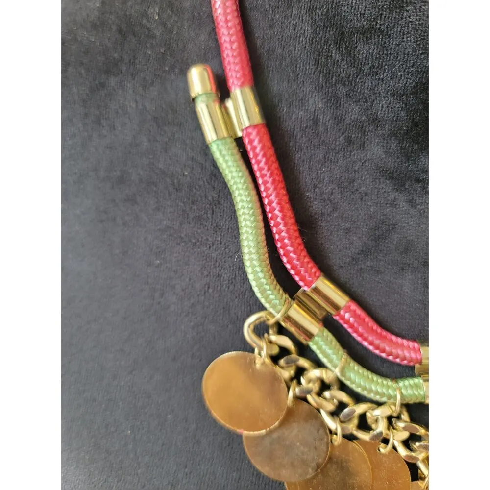 Women's Gold Tone LOFT Charm Disc Necklace With Pink And Green Braided Cord - Image 5