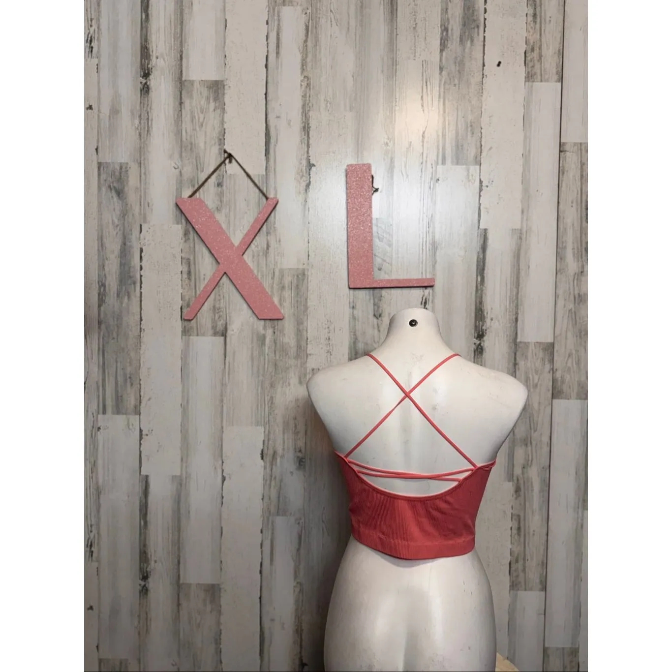 Calsie Coral Ribbed Strappy Crop Top XL | Open Back Criss Cross Stretch Tank Pink - Image 3