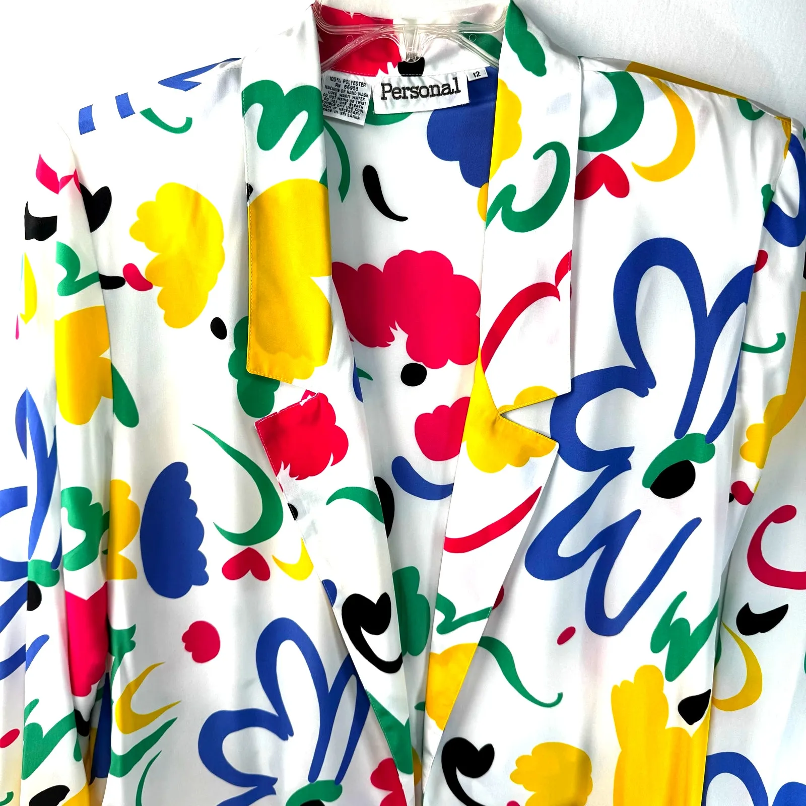 Vintage 90s Personal Blazer Size 12 Artsy Abstract Print Lightweight Silky Boxy Blue - Image 4