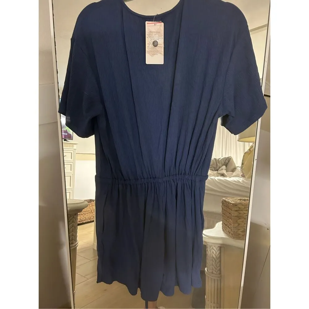 NEW Blue Ribbed Button Down Short Sleeve Romper S - Image 2