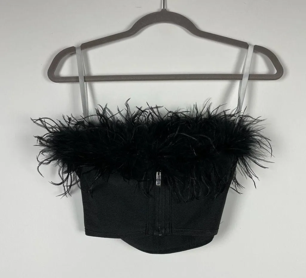 Superdown Ramona Bustier Strapless Feather Trim Corset Crop Tank Top Black XS - Image 4