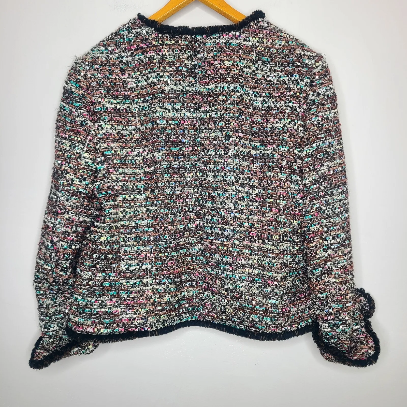 Ann Taylor Tweed‎ Multicolor Sequin Shimmer Open Front Fringe Jacket Blazer 12 - Image 6