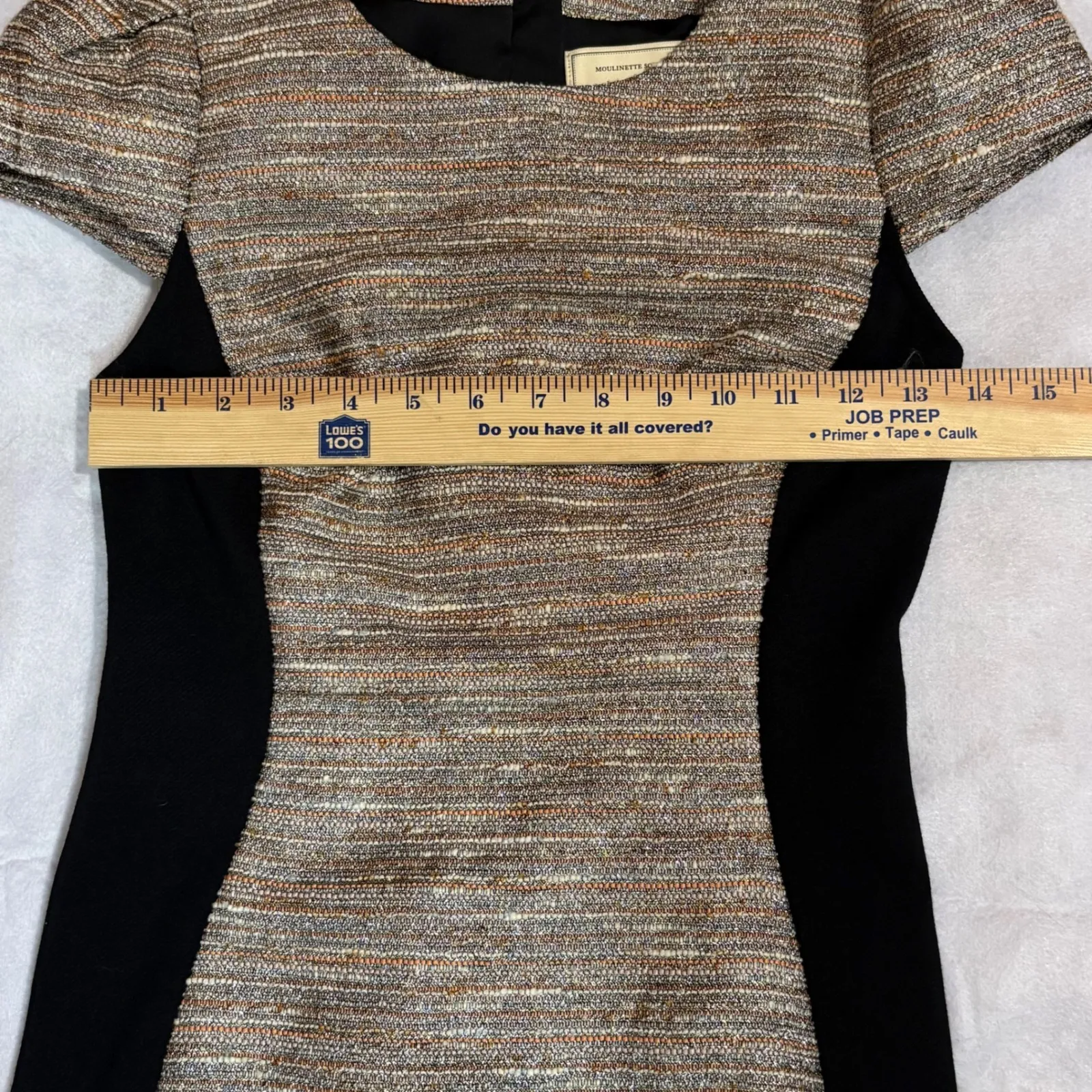 MOUILINETTE SOEURS Anthropologie Tweed Sheath‎ Dress Cap Sleeve Black Paneled - Image 8