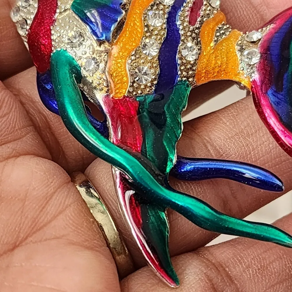 Large Statement Silver Colorful Enamel Angelfish Elegant Brooch Pin - Image 5