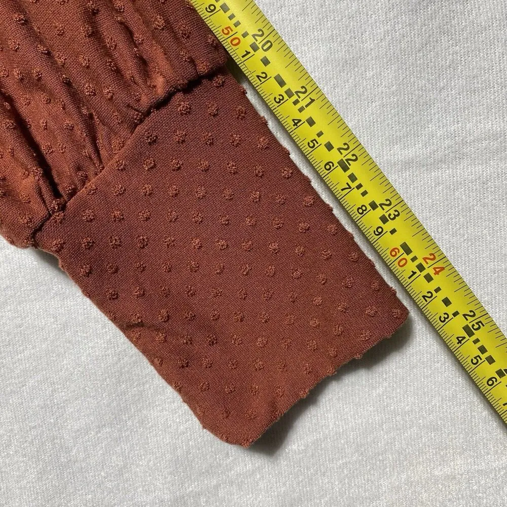 Downeast Long Sleeve Top Womens Sz L Pullover Rust Shirt Polka dots Puff Sleeves - Image 6