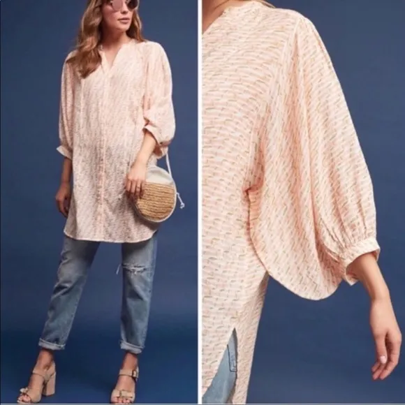 Anthropologie Maeve Lena Orange Yard Dyed Balloon Sleeve Button Front Tunic Top - Image 2