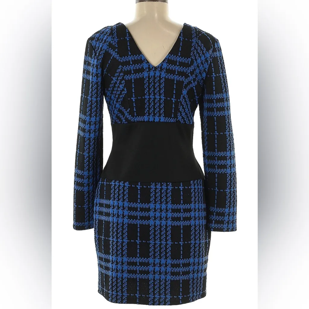 Venus Black and Blue Plaid Mini Dress Gold Buttons Military Preppy size Medium - Image 2