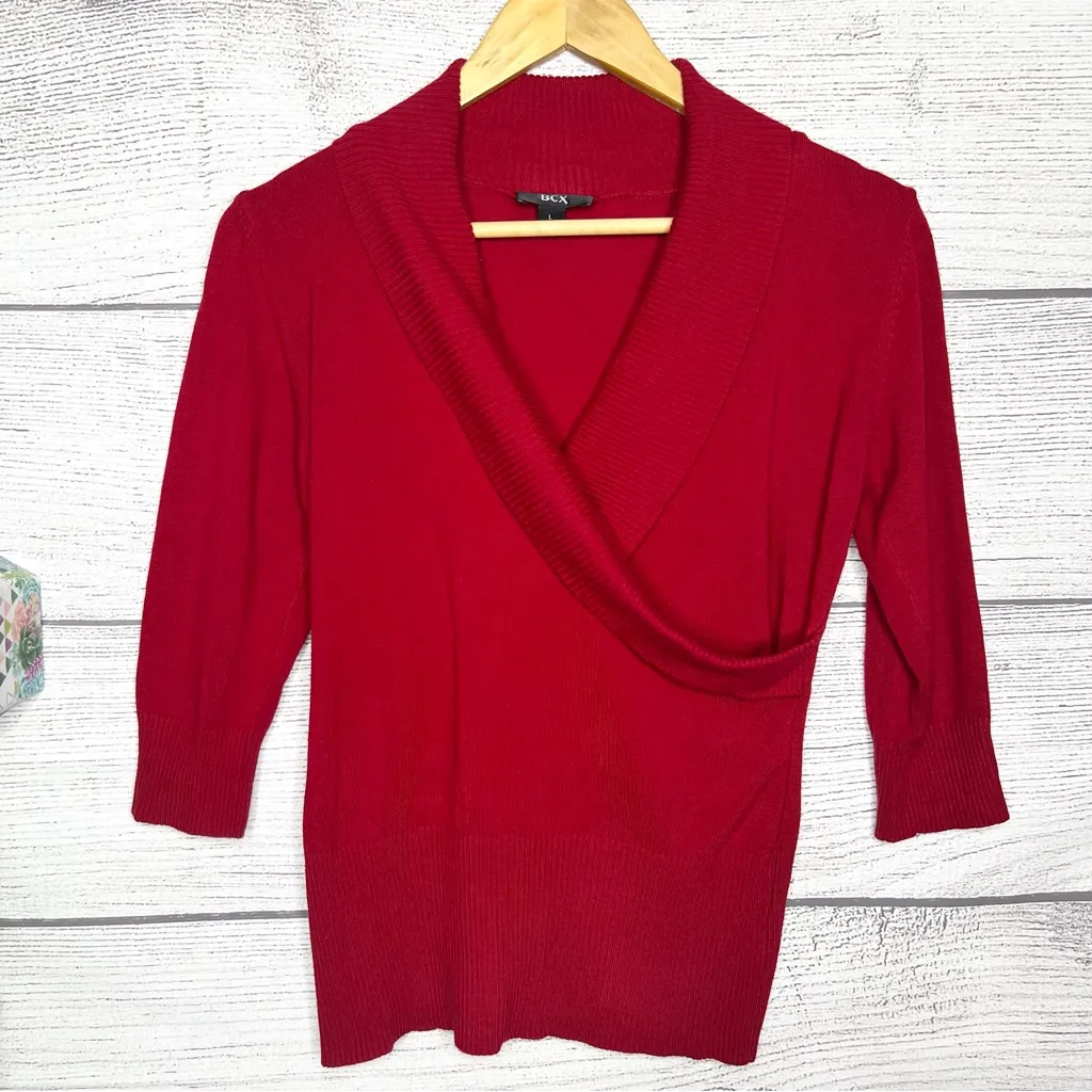 BCX Red Wrap Cross Front Sweater Top Size Large Holiday Christmas Valentines Day - Image 9