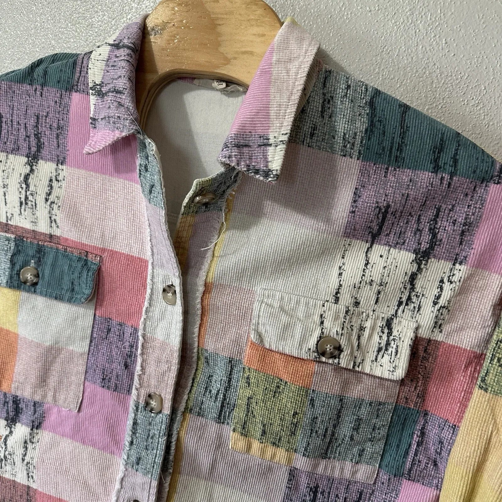 Peach Love Shacket Size Medium Multicolor Checkered Corduroy Shirt Boho‎ Hippie - Image 2