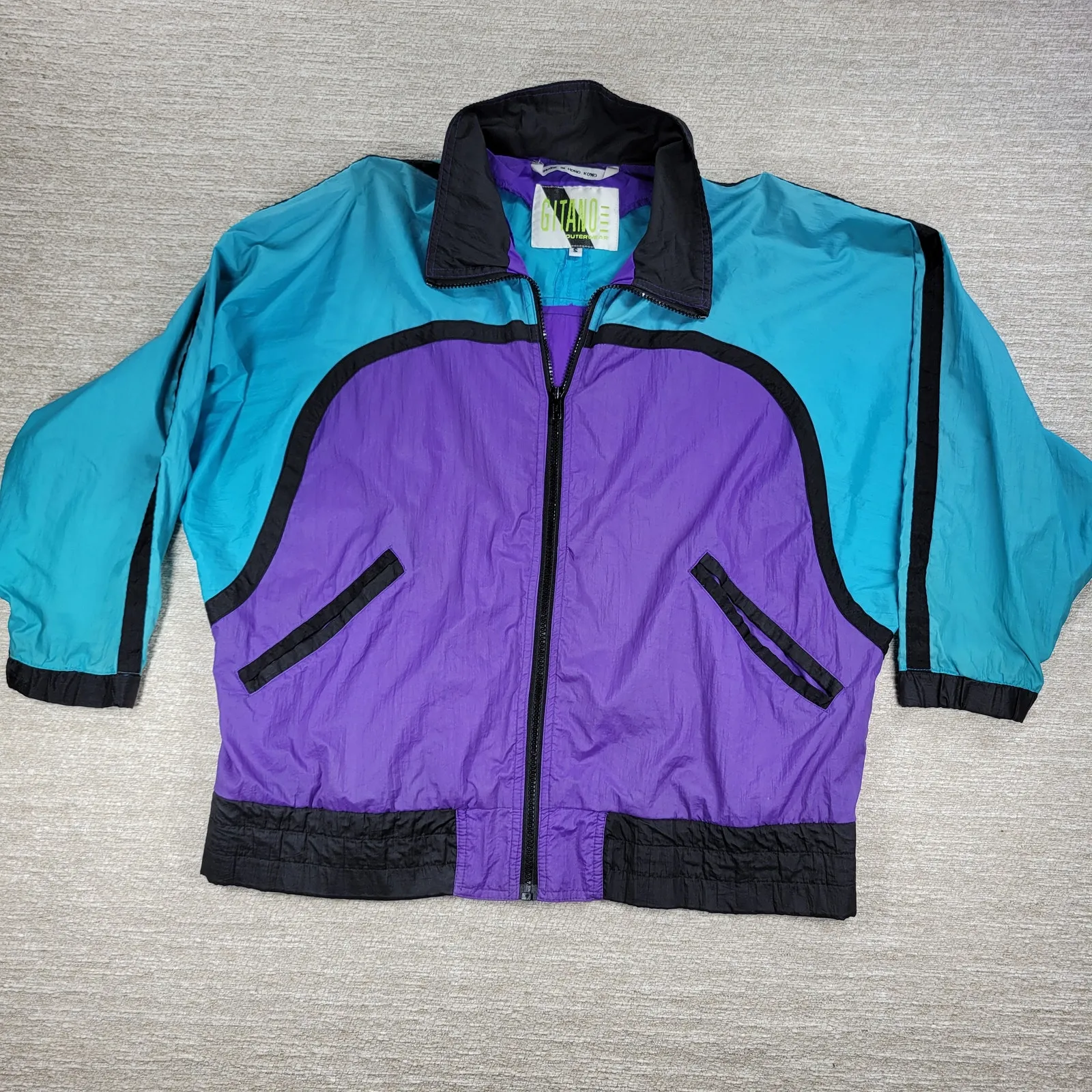 Vtg 80s Gitano Windbreaker Jacket Small Colorblock Nylon Hong Kong Retro Purple - Image 4