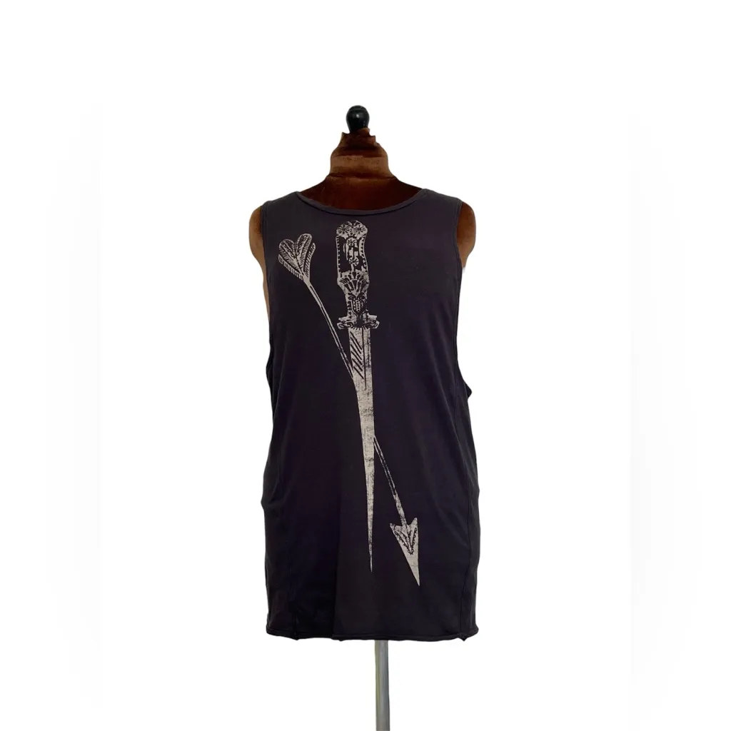 We The Free People Twisted Back Dagger&Arrow Charcoal Gray Graphic Relaxed fit Tank Top Sz M - Image 3