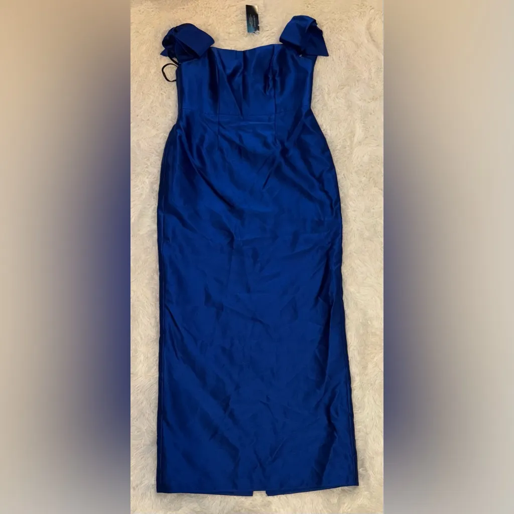 NEW Alfred Sung Bow Off the Shoulder Satin Column Cobalt Blue Gown Sz 14 - Image 4