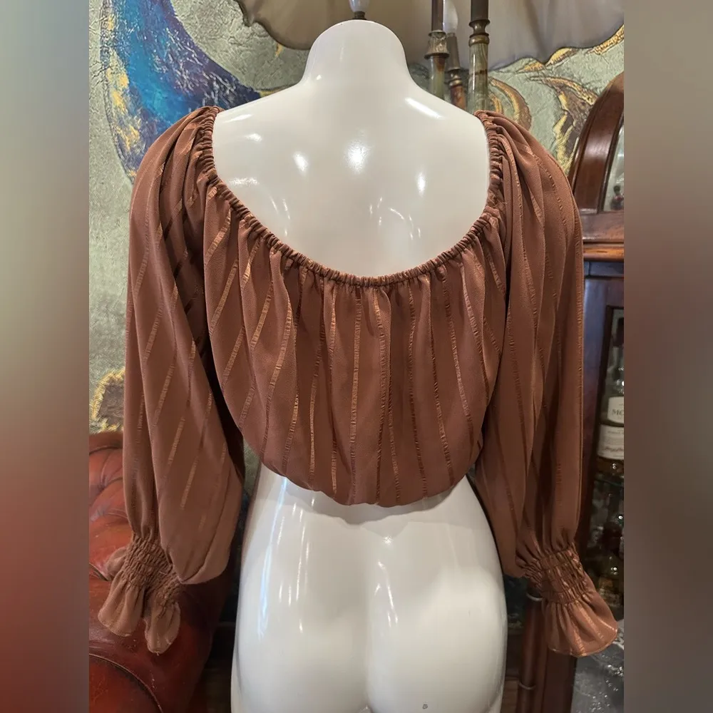 EUC Womens Frill Trim Long Sleeve Ruched Bust Milkmaid Top Top Blouse for Women Brown Size L - Image 4