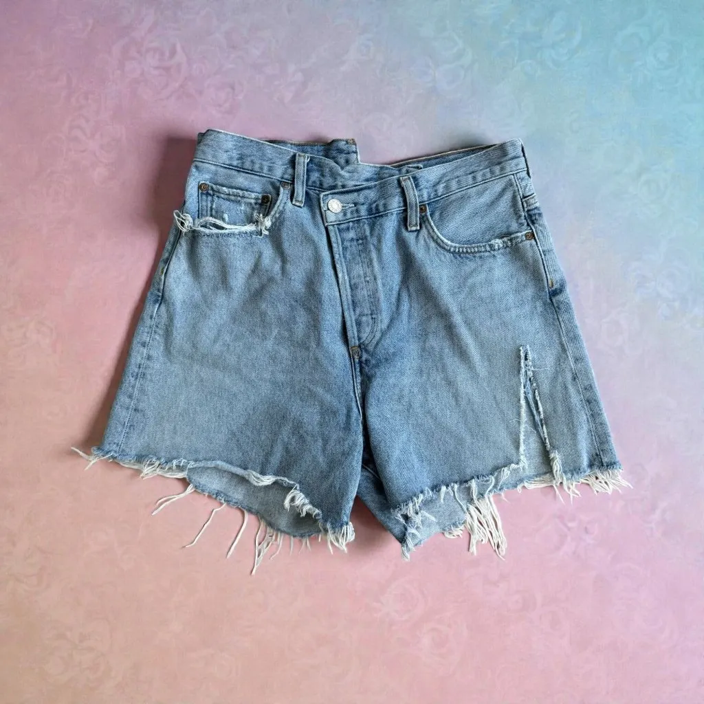 AGOLDE Denim Distressed Asymmetrical Shorts Size 28 - Image 2