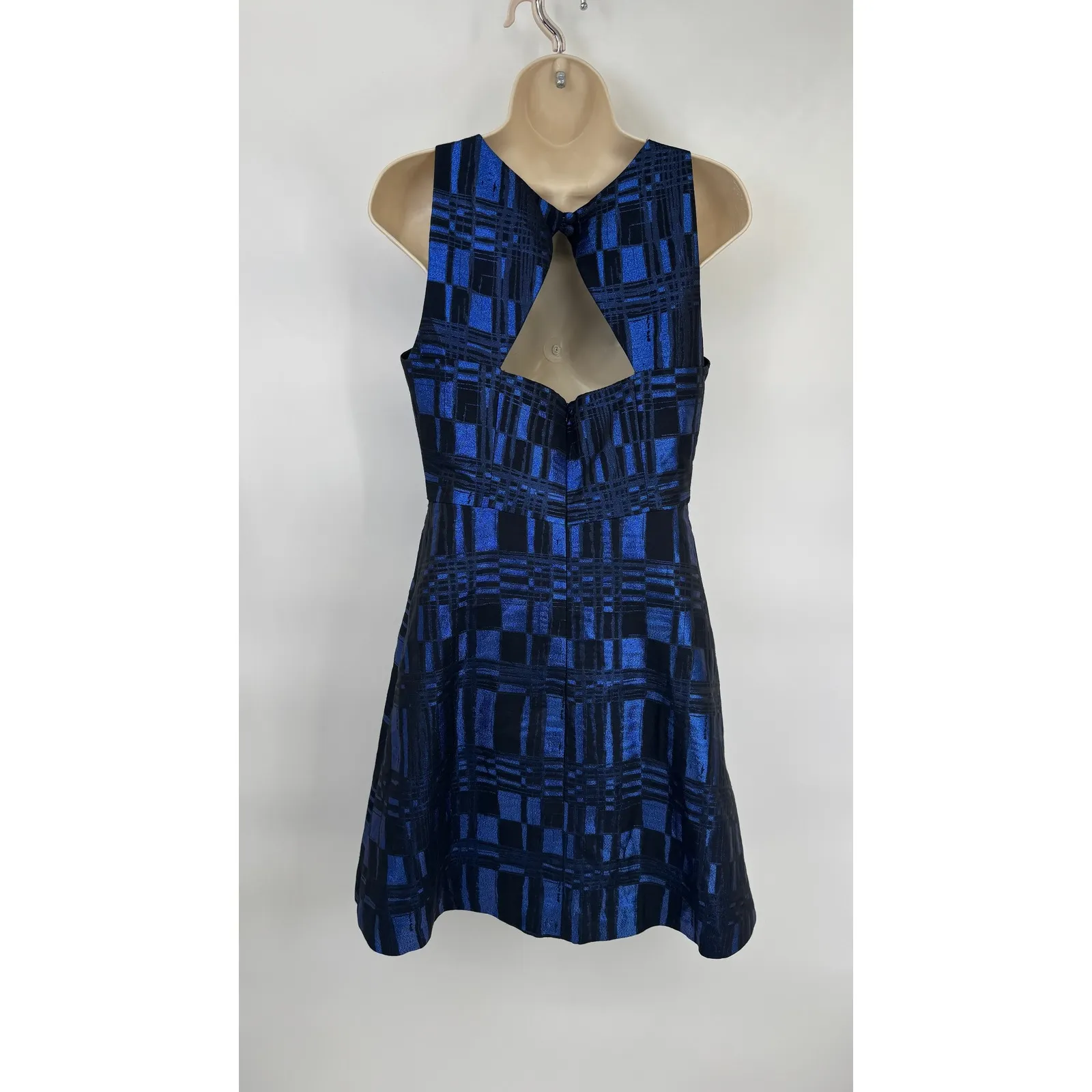 Eva Franco Nova Fit Flare Dress Womens 6 Metallic Blue Black Open Back Lined - Image 2