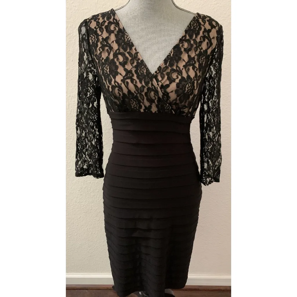 Adrianna Papell Black Shutter Pleated Lace Overlay Dress 4 Small RARE GORGEOUS - Image 3