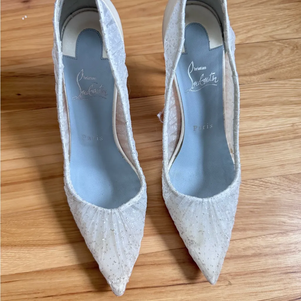 Christian Louboutin Kate Draperia 85 White Glitter Tulle Bridal Low Heel Pump 38 - Image 7