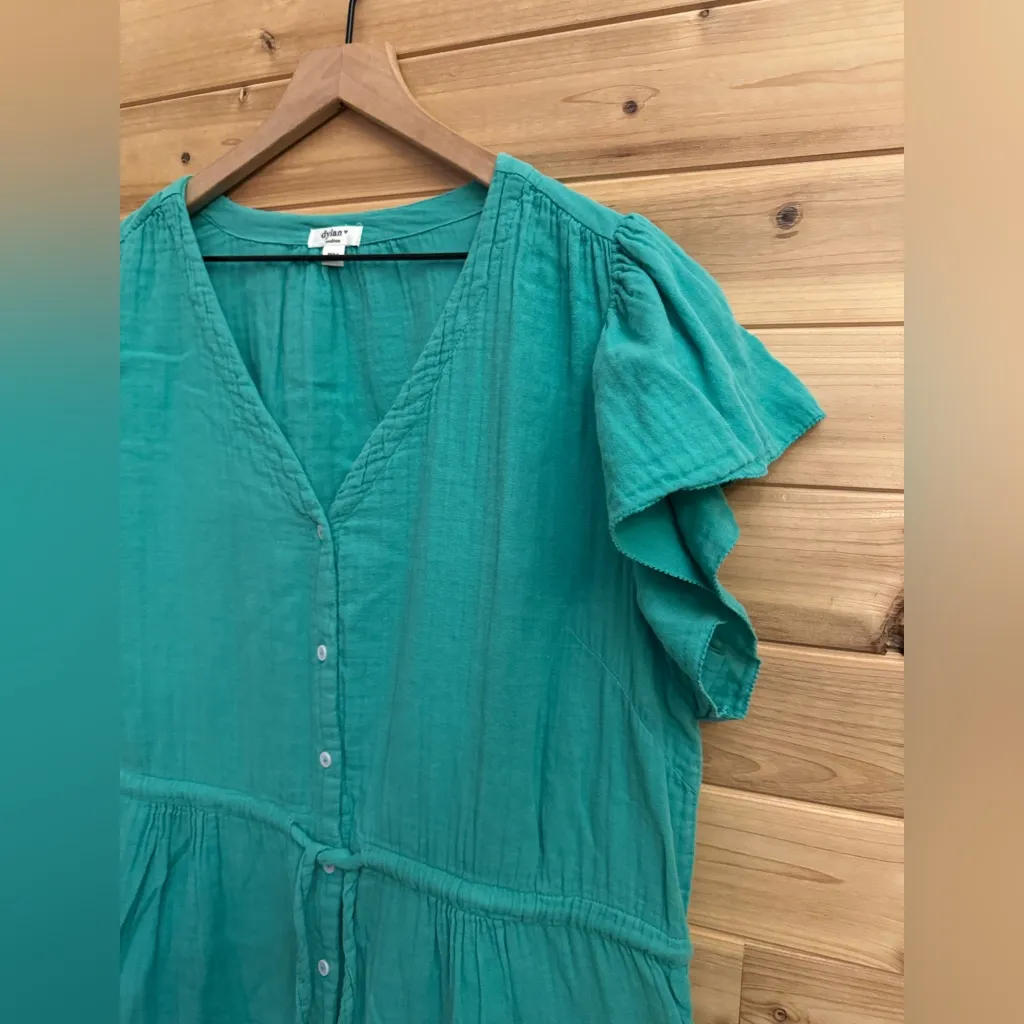 Dylan Size Medium Tiered Cotton Green Drawstring Waistband Flutter Sleeve Dress - Image 2