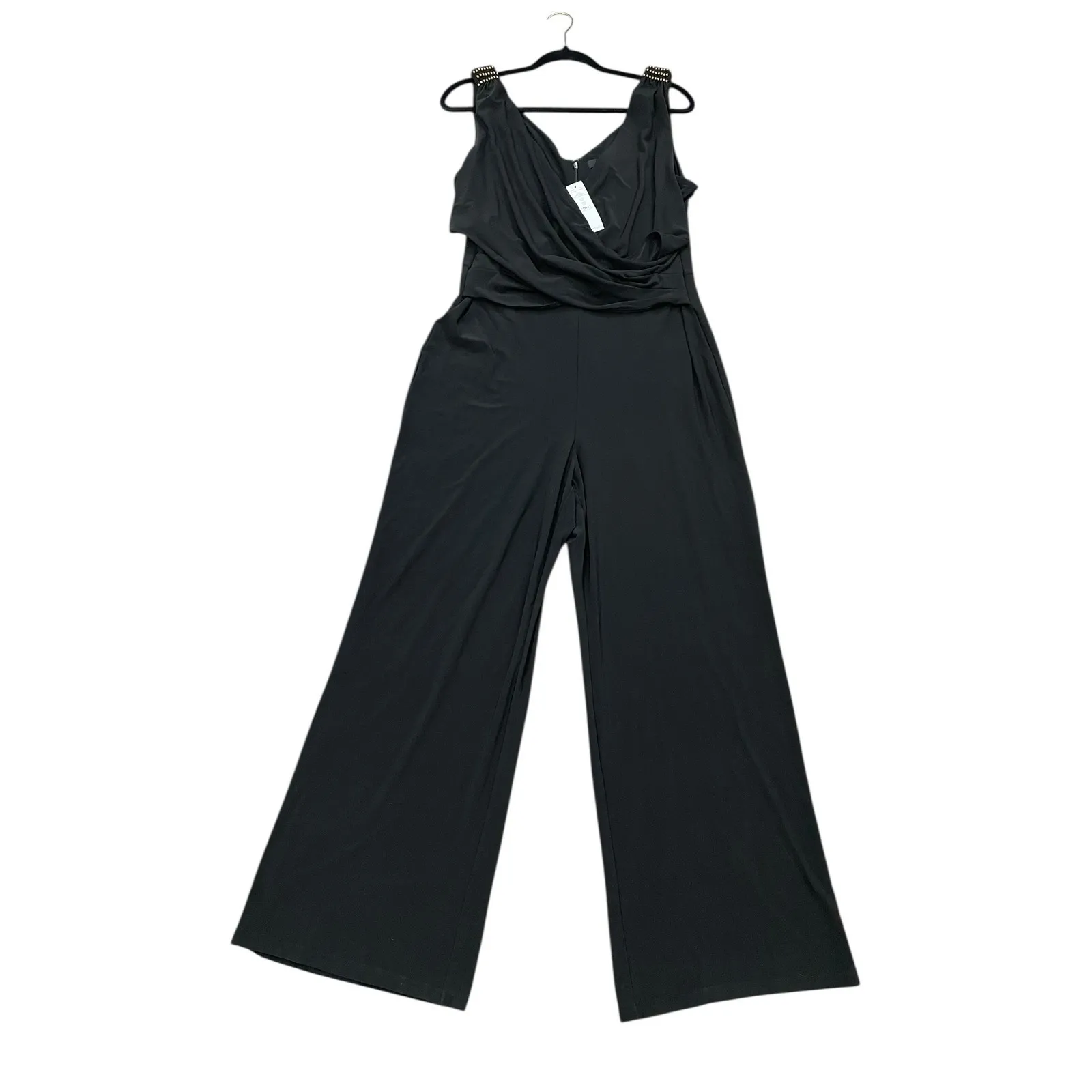 NWT WHBM Jumpsuit Shirred‎ Shoulder Black Matte Jersey LP Women's Large Petite - Image 4