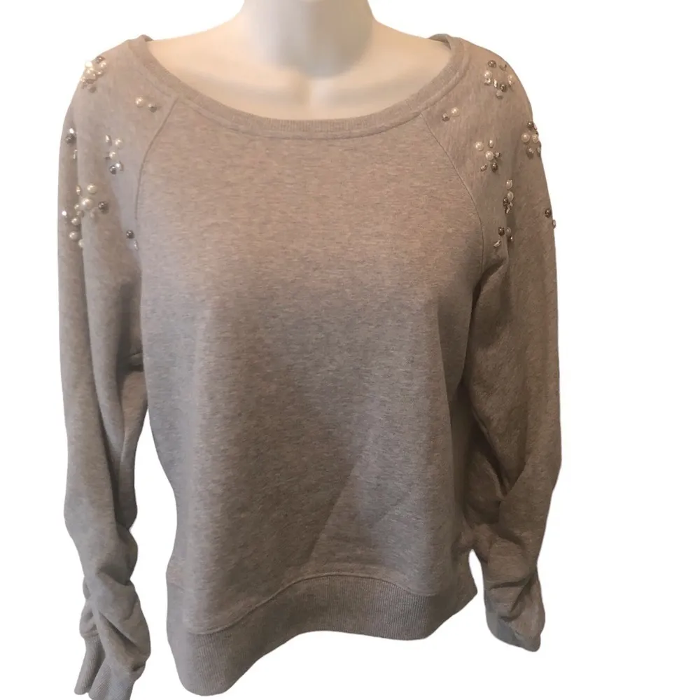 Stella & Dot Embellished Gray Sweatshirt Sz.S Rushed LS Faux Pearl Grommets - Image 3