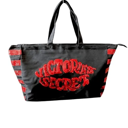 Victoria's Secret Black Sequin Lip Tote Bag Large Red Sparkle - Image 2
